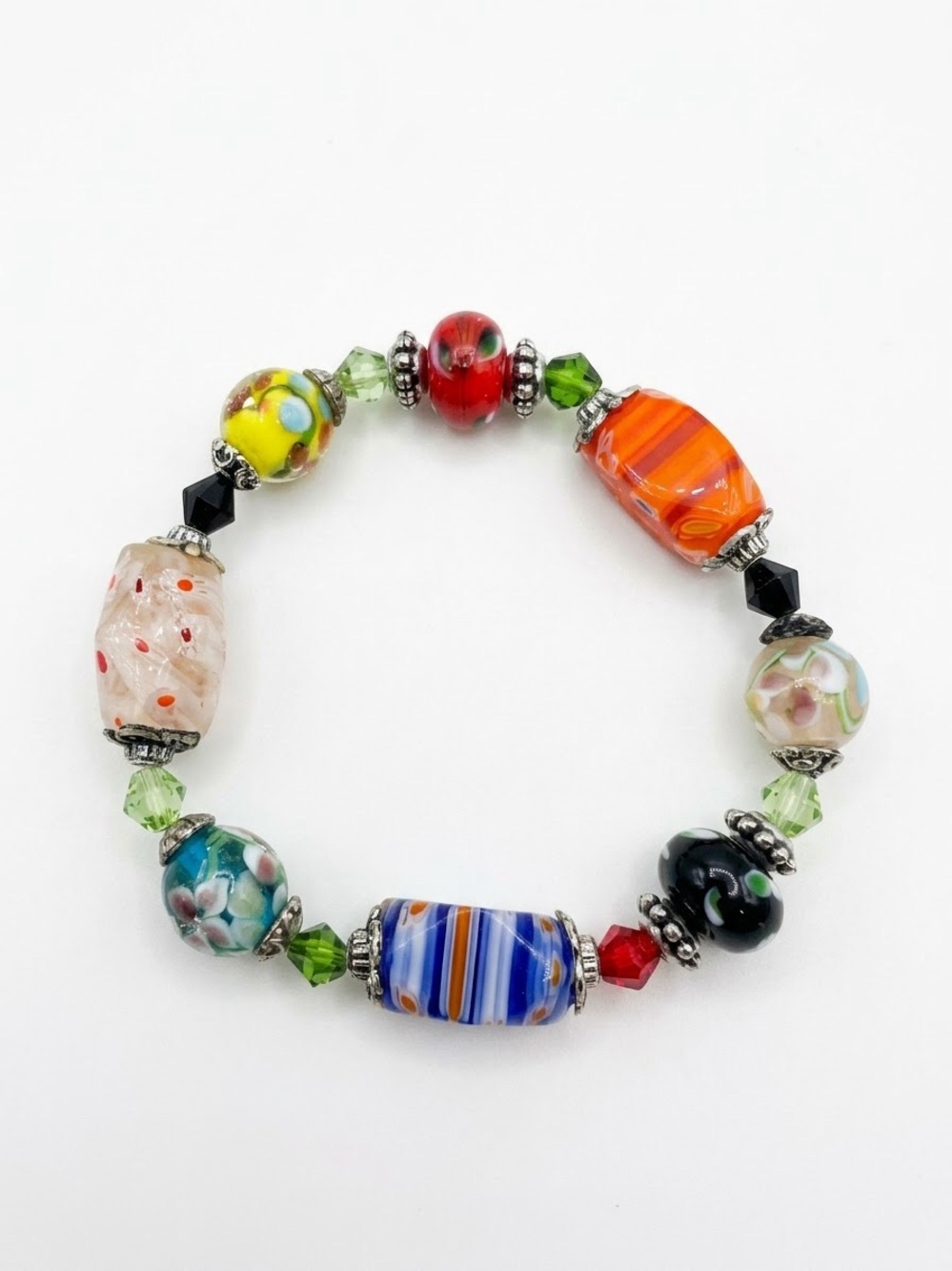 Multi Color Art Glass Lampwork Bead Stretch Bracelet Boho Chunky Artisan Style